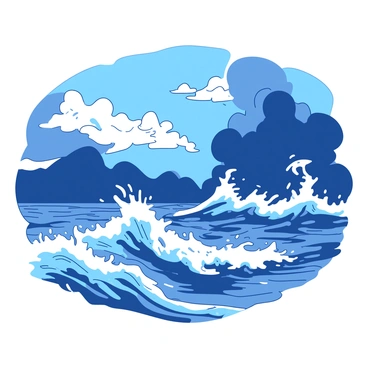 A duotone illustration features a seascape with turbulent waters. The waves are crashing violently against each other, creating white froth at their peaks. Above, dark clouds loom ominously, casting shadows over the churning sea. The scene is filled with a sense of movement and power, as the wind whips through the water, adding to the chaotic energy of the atmosphere.