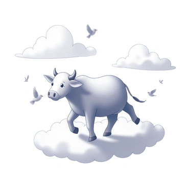 A two-headed calf walking on fluffy clouds. Each head is distinct, with one sporting a gentle expression and the other appearing curious. The calf's body is stout and covered with a soft, textured coat, giving it a fluffy appearance that contrasts with the airy clouds beneath. Surrounding the calf, several small birds are flying, each with outstretched wings and varying poses, creating a sense of movement in the scene. The sky above is expansive and filled with soft cloud formations, enhancing the whimsical nature of the setting.