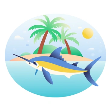A sailfish with a vibrant blue body and elongated dorsal fin is swimming gracefully in clear turquoise waters. The fish's bill is pointed and sleek, gliding through the water effortlessly. In the background, a tropical island is visible, featuring tall, green palm trees swaying gently in the breeze. The sandy beach of the island is a light beige color, contrasting with the rich green of the foliage. The sun is shining brightly in a clear blue sky, casting soft reflections on the water's surface.