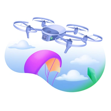 A modern pastel illustration featuring a drone hovering in mid-air. The drone is sleek and futuristic, with four propellers spinning rapidly. Below the drone, an emergency parachute system is being deployed, with a vibrant red parachute unfurling dramatically against the blue sky. Wisps of clouds surround the scene, enhancing the sense of height. The drone's sensors and cameras are visible, capturing this critical moment of deployment.