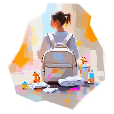 A diaper bag is slung over a mother's shoulder, made of durable fabric with a stylish design. The bag is partially open, revealing baby essentials such as a soft, folded blanket, a small pack of wipes, a few diapers, and a colorful baby bottle. Scattered around the bag are a teething toy shaped like a giraffe, a pacifier attached to a clip, and a small pack of baby snacks. The mother has light brown hair tied back in a loose ponytail and is wearing comfortable, casual attire. She appears as if she is heading out for a stroll, with a bright, sunny day in the background.