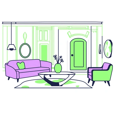 An elegant salon features a polished wooden floor and high ceilings adorned with intricate moldings. The room is filled with art deco furniture, including a sleek, curved sofa upholstered in luxurious fabric. Across from the sofa, there is a geometrically designed coffee table made of glass and metal, complemented by a pair of stylish armchairs. The walls are decorated with large mirrors reflecting the room's sophisticated atmosphere. Elegant light fixtures hang from the ceiling, casting a warm glow across the space. A large rug with a bold pattern lies in the center, grounding the arrangement of furniture. A decorative vase sits on the table, adding a touch of refinement to the overall scene.