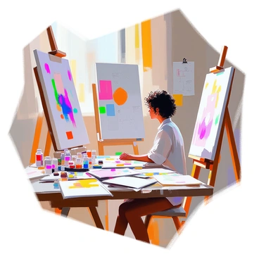 An artist with light skin and curly hair is seated at a large wooden table, which is cluttered with various sketches, paint tubes, and brushes. The table is covered in a jumble of colorful paint splatters, and several loose sheets of paper displaying detailed drawings are spread out in front of her. She is focused on a large canvas that is positioned on an easel to her right. Sunlight streams in from a nearby window, illuminating her workspace, and brightening the vibrant colors of her paints. On the wall behind her, additional sketches and inspiration boards are pinned, showcasing her creative journey for the "V&A Awards." The atmosphere is filled with a sense of concentration and artistic energy.