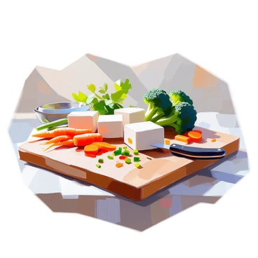 A wooden cutting board is positioned on a kitchen countertop, displaying a vibrant arrangement of ingredients. On the board, there are several blocks of white tofu, cut into cubes, alongside bright green broccoli florets and freshly sliced orange carrots. A sharp knife rests next to the tofu, with bits of chopped vegetables scattered around. The background features hints of kitchen utensils and fresh herbs, creating a lively atmosphere of meal preparation.