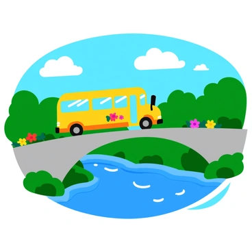 A small yellow school bus is crossing a long bridge. The bridge arches gracefully over a sparkling blue river. Lush green trees line the riverbanks, and colorful flowers bloom along the edges of the bridge. A bright blue sky with fluffy white clouds is visible above, creating a cheerful atmosphere. The bus has friendly cartoon-like features, with large windows and cheerful decals on its side. The water below reflects the sunlight, creating shimmering patterns on its surface.