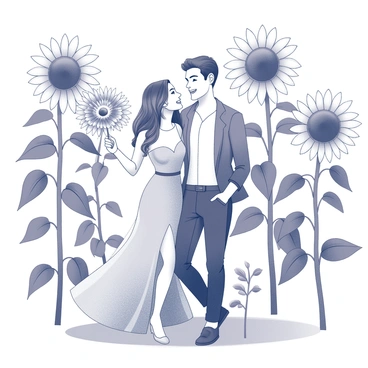 A couple stands together in a sunflower field, surrounded by tall sunflowers with large, round faces. The woman, wearing a flowing dress, holds a bouquet of sunflowers in one hand and has a joyful smile on her face. The man, dressed in a casual yet stylish outfit, stands beside her with one arm wrapped around her waist. Their body language conveys happiness and excitement as they celebrate their engagement. The sunflowers tower around them, creating a picturesque setting filled with the beauty of nature.