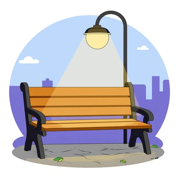 A bench illuminated by a warm streetlamp at dusk