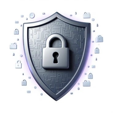 A large, metallic shield with a polished surface, prominently featuring a bold "lock" symbol at its center. The shield is designed with intricate circuit patterns etched into its surface, representing digital connectivity. Surrounding the shield is a soft glow, illustrating a digital environment, with floating binary code and abstract technological elements in the background. The overall composition conveys a sense of strength and security in the realm of DNS protection.