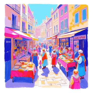 A bustling medieval street market with colorful stalls and eager shoppers