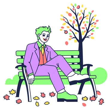 The Joker is sitting on a park bench in a city park. He has green hair styled in a wild manner and is wearing a purple suit with a green shirt and orange tie. His face is painted white with red lips and dark eye makeup. He is casually leaning back on the bench, with one leg crossed over the other. Around him, there are numerous autumn leaves in shades of orange, red, and yellow scattered on the ground and floating in the air. In the background, there are bare trees with a few remaining colorful leaves clinging to the branches. Sunlight filters through the branches, casting dappled shadows on the ground.