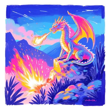 A majestic dragon with iridescent scales is perched atop a rocky outcrop. Its wings are spread wide, revealing intricate patterns. The dragon's fierce eyes glow as it breathes out vibrant flames, sending sparks flying into the air. The surrounding landscape is lit up by the fiery glow, casting dramatic shadows on the rocks and illuminating nearby trees. The sky is a deep twilight blue, contrasting with the bright orange and yellow of the fire.