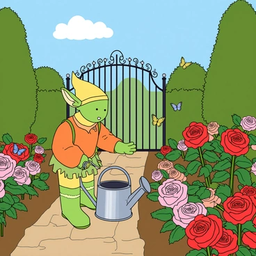 A small elf with pointed ears and bright green skin is carefully tending to a variety of blooming roses in a Victorian-style garden. The elf is dressed in a vibrant outfit made of leaves and petals, with a small satchel hanging from their side. They are gently holding a pair of scissors to trim the blossoms, while a watering can is nearby, glistening in the sunlight. The garden is filled with intricately designed hedges, ornate wrought-iron gates, and a cobblestone path winding through a bed of colorful flowers. The sky is clear blue, and there are a few fluffy white clouds floating above. Butterflies flutter around the roses, adding vibrant splashes of color to the scene.