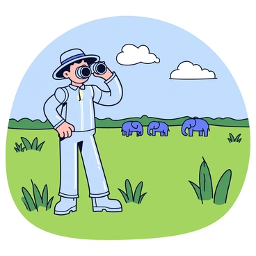 The Tin Man is standing in a lush green savannah, wearing a wide-brimmed hat to shield himself from the sun. He is holding a pair of binoculars up to his eyes, intently observing a herd of elephants in the distance. Surrounding him are tall grasses and scattered shrubs, creating a natural habitat for wildlife. In the background, a clear blue sky stretches above, with a few fluffy white clouds drifting by. The Tin Man's metallic body gleams in the sunlight as he focuses on the scene before him.