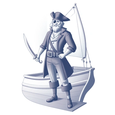 A pirate standing confidently on the deck of a ship. The pirate has a peg leg and is dressed in traditional pirate attire, which includes a tricorn hat, a weathered coat, and an eye patch. He has a scruffy beard and a determined expression on his face. The ship's deck is made of wooden planks, and there are ropes and sails visible in the background. The pirate stands with one hand resting on his hip while the other hand holds a cutlass, poised as if ready for action.