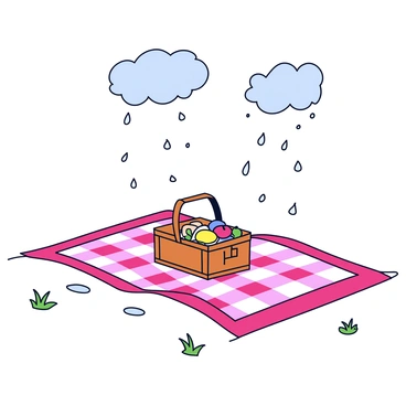 A picnic scene featuring a vibrant red and white checkered blanket spread on the ground. In the center of the blanket is a wicker picnic basket, slightly open, revealing a selection of sandwiches and fruits. The sky above is filled with gray clouds, and raindrops are visibly falling, creating small puddles around the blanket. Some droplets are splashing against the sides of the basket, while the edges of the blanket are slightly damp. A few scattered green grass blades are visible, wet from the rain.