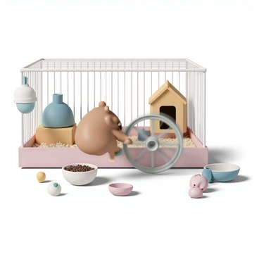 A small, fluffy hamster with light brown fur is energetically running on a metal exercise wheel inside a cozy cage. The wheel spins quickly as the hamster's tiny paws move rapidly. The cage is filled with soft, natural bedding and has a small ceramic food bowl filled with seeds. In one corner of the cage, there is a small wooden house for the hamster to rest in. The background includes a water bottle attached to the side of the cage, and a few chew toys scattered around, adding color and texture to the scene.