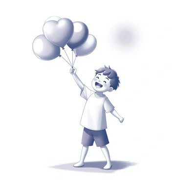 A boy standing in an open park, joyfully holding a bunch of balloons. The balloons are various shapes and sizes, including round and heart-shaped, with a mix of vibrant colors. The boy has a wide smile on his face, showcasing his excitement. He is wearing a light t-shirt and shorts, and his hair is slightly ruffled by a gentle breeze. The sun is shining brightly in the sky, casting soft shadows on the grass around him. The scene captures a sense of carefree happiness and youthful delight.