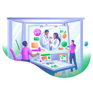 A spacious room filled with natural light, showcasing a team of illustrators working collaboratively on a large medical mural. The mural features vibrant depictions of various healthcare themes, including diverse healthcare professionals interacting with patients. Tools such as paints, brushes, and palettes are scattered around, and the illustrators are focused on their sections of the mural. One illustrator is painting a doctor listening to a patient's heartbeat, while another is working on a colorful representation of healthy lifestyle symbols, such as fruits and exercise equipment.