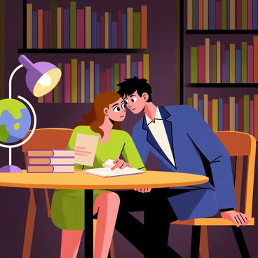 Two characters are seated at a round wooden table in a dimly lit corner of a grand library. Tall bookshelves filled with colorful books rise high around them. One character is a young woman with long brown hair, wearing glasses, and dressed in a green dress, while the other character is a man with short black hair, wearing a blue blazer. They lean in closely, with intense expressions on their faces, as the woman holds a folded piece of paper in her hands. Soft, warm light filters from an ornate table lamp, casting gentle shadows on the table and highlighting the characters' focused expressions. A large globe sits on the side of the table, and several antique books are stacked nearby.