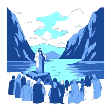 A dramatic fjord landscape with steep rocky cliffs rising on either side. The water below is calm and reflects the colors of the sky, which is filled with swirling clouds. A preacher, dressed in traditional robes, stands on a large rock at the edge of the water, addressing a small gathering of people. The group consists of men and women of various ages, all listening intently. Some have their heads bowed in thought, while others are gazing at the preacher with expressions of curiosity. The atmosphere is charged with emotion, as the scenery of the fjord adds a sense of grandeur to the moment.