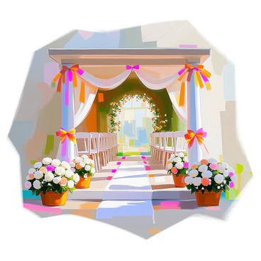 A vintage porch adorned for a wedding ceremony, featuring an array of colorful flowers in various arrangements. The flowers include white roses, vibrant peonies, and delicate daisies arranged in rustic wooden boxes and hanging baskets. Soft ribbons in pastel shades are draped gracefully along the railings and around the columns, blowing gently in the breeze. The porch is furnished with white wooden chairs neatly aligned for guests, each chair tied with matching ribbon. In the background, the entrance to the house is framed by latticed greenery, enhancing the romantic atmosphere.