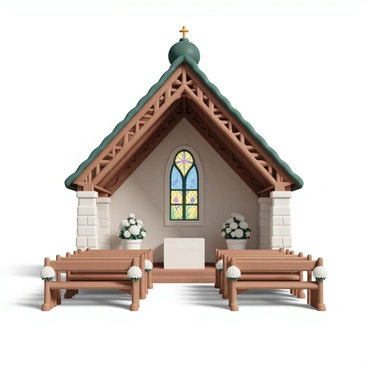 A quaint vintage chapel, featuring intricate wooden beams and a stone facade. The building is adorned with colorful stained glass windows that cast vibrant light patterns onto the wooden floor inside. The interior is arranged for a wedding ceremony, with white floral arrangements placed on wooden pews. A simple altar, draped with white fabric, is situated at the front of the chapel, facing the aisle. Soft lighting enhances the warm atmosphere, creating a perfect setting for the celebration.