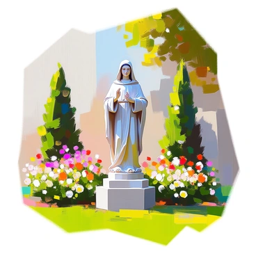 A detailed stone statue of a saint stands prominently in the center of a lush green garden. The statue is intricately carved, showcasing delicate features and ornate clothing, with the saint holding a small object in one hand. Surrounding the statue, vibrant green grass blankets the ground, while various colorful flowers bloom in abundance, adding splashes of color to the scene. Tall trees with lush leaves provide a natural backdrop, casting gentle shadows over the statue and enhancing the serene atmosphere of the garden.