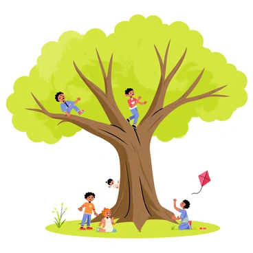 A majestic banyan tree with a thick trunk and sprawling roots extending onto the ground. The tree has a dense canopy of green leaves providing shade. Underneath the tree, several children are playing joyfully. One child is climbing a large root, while another child is playing tag with a friend. A small girl sits on the grass, drawing with colorful chalk, and a boy is flying a bright red kite in the open space nearby. Sunlight filters through the leaves, casting playful shadows on the ground.