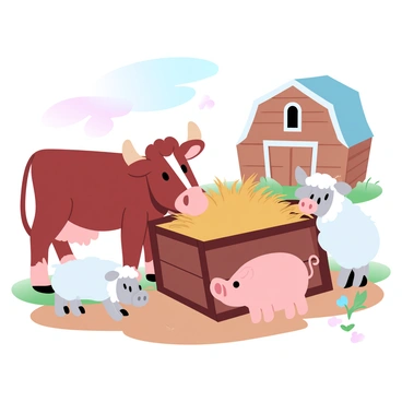A group of farm animals is gathered around a wooden manger filled with hay. A brown cow is leaning over the edge, munching on the hay. Nearby, a couple of sheep with fluffy white wool are grazing alongside a cheerful pig that is rooting through the hay. In the background, a wooden barn can be seen, with the sun casting soft light on the scene, creating a warm atmosphere. The ground is a mix of dirt and grass, with a few scattered wildflowers.