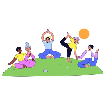 A group of five people practicing yoga and meditation on a hilltop. The individuals are positioned in various yoga poses, such as downward dog, tree pose, and lotus position. The sun is rising in the background, casting a warm orange and yellow glow across the sky. The hilltop is grassy with a few small rocks scattered around. Each person is wearing comfortable athletic clothing in different colors, and they are focused and serene in their practice.