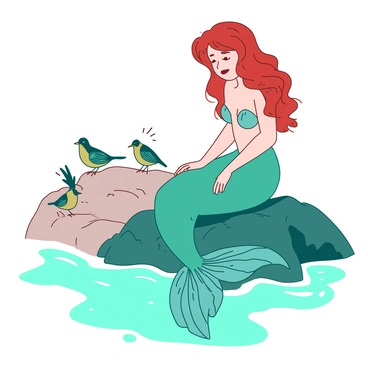 A teal mermaid with flowing red hair is sitting gracefully on a rocky ledge. Her tail glistens in the sunlight, showcasing intricate scales. Nearby, several small birds with vibrant plumage are perched on the rocks, their wings slightly spread. The birds are chirping, creating a lively atmosphere as they sing together in harmony around the mermaid. The background features gentle waves lapping at the shore.