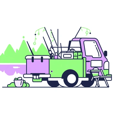 A mini-truck is parked by a lakeside, with its back open revealing various fishing gear. There is a cooler positioned beside the truck, resting on the ground. The fishing gear includes rods, tackle boxes, and nets neatly arranged in the truck bed. In the background, the calm lake reflects the surrounding trees and the sky. A small fishing chair is set up next to the cooler, and a fishing bucket sits nearby, hinting at a day spent fishing.