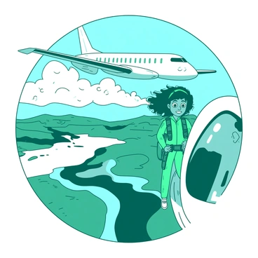 A teal skydiver is standing at the open door of a white airplane, the wind blowing through their hair. The skydiver has a facial expression showing wide eyes filled with excitement and fear. They are wearing a bright safety harness, and the clouds are visible in the background. The airplane is flying high above a landscape of green fields and winding rivers. The sun is shining brightly, casting a warm glow.