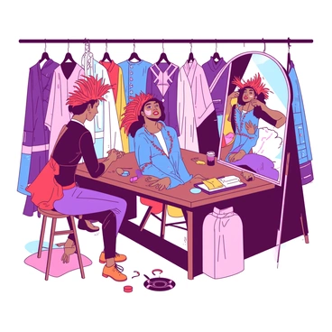 A group of performers is preparing backstage, surrounded by a variety of vibrant costumes. One performer, wearing a red feathered headpiece, is adjusting the sequins on their blue jacket. Another performer is sitting on a wooden stool, tying the laces of their orange shoes. Nearby, a large mirror reflects the scene as a performer applies bright pink makeup to their face. The atmosphere is lively, with costumes hanging on racks and accessories scattered across a wooden table.