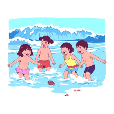 A group of children is laughing and splashing in shallow water, enjoying a sunny day at the beach. The children are of various ethnicities, wearing colorful swimwear. In the background, gentle Japanese waves are breaking softly, creating foam as they reach the shore. The sun casts bright reflections on the water, and a few seashells can be seen scattered on the sandy bottom near the children's feet. The scene captures the joy and playfulness of childhood by the ocean.