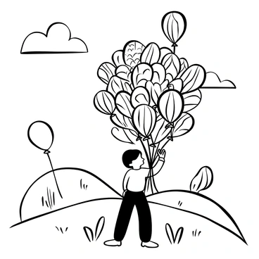 A field filled with numerous balloons of varying shapes and sizes, each balloon distinct from the others. A child is standing in the midst of this scene, joyfully holding a large bundle of balloons, with some balloons floating above. The grass in the field is depicted in detail, with gentle waves and textures. In the background, there are hints of a clear sky, complementing the lively atmosphere created by the balloons.