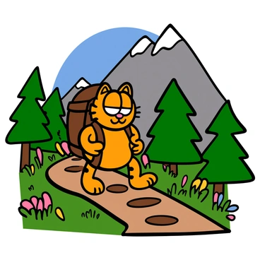 Garfield, a chubby orange cat with distinctive black stripes, is wearing a brown backpack while hiking up a scenic mountain trail. The trail is surrounded by lush green trees and vibrant wildflowers. The mountains in the background are tall and rocky, with a clear blue sky overhead. Garfield is looking determined, with a slight smile on his face, as he takes a step forward on the winding path. The sunlight is casting warm rays on the scene, enhancing the colors of the landscape.