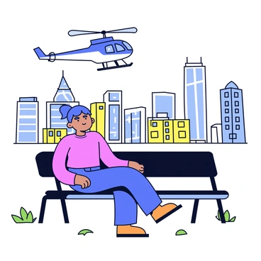 A person sitting on a park bench is looking up. They have a slightly furrowed brow and a wistful expression on their face. Above them, a helicopter is flying across the sky. The helicopter is a sleek design with a rotor spinning. The background features a city's impressive skyline, with tall buildings of various shapes and sizes. The skyline includes modern glass towers reflecting sunlight and a few traditional brick structures. The park bench is made of dark wood, and there are a few scattered green leaves on the ground.