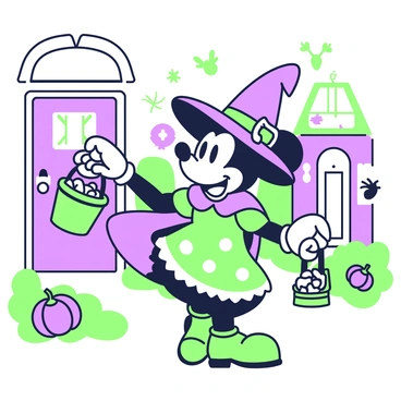 Minnie Mouse is walking through a neighborhood, wearing a cute Halloween costume. She has on a bright purple witch hat adorned with a green buckle and a flowing cape that matches. Her dress is styled in green and purple, with classic polka dots and a playful hem. In one hand, she holds a green candy bucket filled with various treats, while the other hand reaches out to ring the doorbell of a nearby house. The neighborhood is lively, with houses decorated with purple and green lights and pumpkins, and there are shadows of ghosts hanging from the trees.