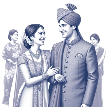 A modern Indian bride and groom stand together, radiating happiness during their wedding ceremony. The bride is adorned in an intricately designed wedding outfit with detailed embroidery, showcasing traditional motifs. Around her neck, she wears multiple strands of ornate jewelry, including a heavy necklace that captures attention. The groom is dressed in a rich, embellished sherwani, complemented by a stylish turban adorned with a decorative ornament. 

They share a joyful glance, their smiles filled with love and excitement. Behind them, decorative floral arrangements create a vibrant backdrop, while guests dressed in traditional attire watch the couple with admiration. The atmosphere is filled with the essence of celebration and cultural richness.