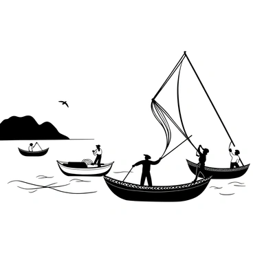 Fishermen in traditional boats are positioned close to the shoreline, with several boats gently bobbing on the water's surface. Each boat displays intricate designs and patterns, showcasing the craftsmanship of the fishermen. The fishermen are engaged in casting their nets into the water, with elongated nets unfurling gracefully from their hands. In the background, the rocky coast of Kanyakumari is visible, with a few seabirds flying above. The scene captures the dynamic interaction between the fishermen and the sea as they work together in their daily routine.