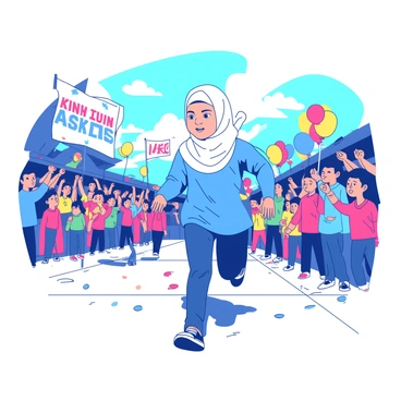 A young Muslim girl wearing a blue sports outfit with a white headscarf is sprinting in a friendly race during a school sports day. She has a determined expression on her face as she keeps her eyes focused on the finish line. In the background, a crowd of cheering classmates wearing colorful outfits stands along the sidelines, waving colorful flags and banners. The atmosphere is filled with excitement, and colorful balloons are scattered throughout the scene. The sky is bright, adding to the vibrant energy of the event.