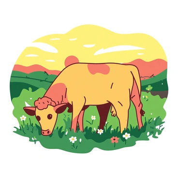 A duotone yellow and orange two-headed calf is grazing in a green field. The calf has two large, expressive eyes on each head and its fur is soft and fluffy. In the background, a vibrant sunset casts a warm glow over the landscape, with the sun lowered on the horizon. The sky is filled with shades of yellow and orange, creating a serene atmosphere. The grass is lush and green, dotted with colorful wildflowers, adding to the tranquil setting.