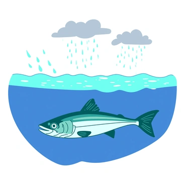 A teal tarpon is gliding just under the water's surface, with its sleek body reflecting the soft light of a gentle rain shower. The surface of the water has small ripples from the falling raindrops, creating a pattern of concentric circles. Above the water, the sky is filled with gray clouds, and a few raindrops can be seen splashing onto the surface, causing tiny splashes around the fish. The surrounding water is a deep blue, contrasting with the bright sheen of the tarpon's scales.