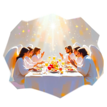 A celestial banquet with angels seated around a long table, discussing Job's trials