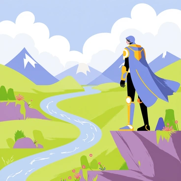 A heroic character dressed in shining armor stands tall on a rugged cliff edge. The character has a confident stance, with a flowing cape billowing in the wind. Below, a vibrant fantasy landscape unfolds, featuring rolling green hills, sparkling rivers, and towering mountains in the distance. Lush trees and colorful flowers dot the scenery, while a bright blue sky filled with fluffy clouds serves as the backdrop. The character gazes intently at the horizon, ready for the adventure that awaits.