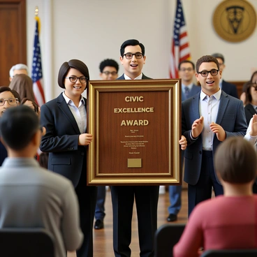 A civic award plaque made of polished wood, framed with gold accents, is prominently displayed in the center of the image. The plaque features engraved text reading "Civic Excellence Award." Surrounding the plaque, a diverse group of officials and residents, including a middle-aged woman with short hair in a formal suit and a young man in a button-up shirt, stand together. Some individuals are smiling, while others are clapping, showing enthusiasm for the event. The backdrop includes the interior of a city hall, with flags and a large emblem visible on the wall. The atmosphere is filled with a sense of community and celebration.