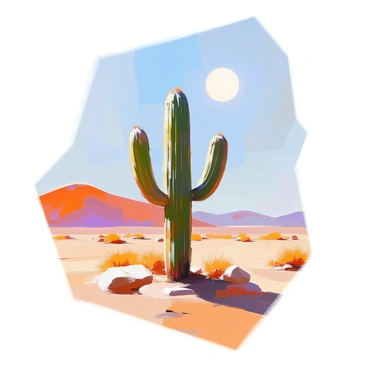 A sparse desert landscape featuring a solitary cactus with long, slender arms reaching skyward. The cactus stands prominently on the sandy ground, with small rocks and tufts of dry grass scattered around it. In the background, a bright, simple sun hangs in a clear blue sky, casting warm light across the scene. The horizon is distant and flat, enhancing the sense of openness in the desert environment.