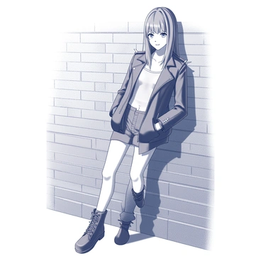 A girl with long hair, wearing a fitted leather jacket adorned with metal spikes on the shoulders, is leaning casually against a textured brick wall. She has a confident posture, with one leg crossed over the other, and her hands resting in the pockets of her jacket. Her combat boots are rugged, contrasting against the rough surface of the wall. The environment around her has an urban feel, highlighting her edgy fashion choice.
