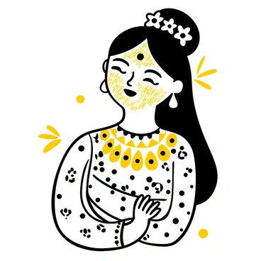 A bride adorned in traditional attire, with intricate patterns and embellishments, is the focal point of the image. Her skin is covered in a layer of "haldi," showcasing a warm, golden texture. The scene captures the moment with droplets resembling "happy tears" glistening on her cheeks, emphasizing her emotional joy. Delicate floral decorations are woven into her hair, adding to the festive atmosphere. The background is softly blurred, ensuring the bride remains the center of attention while enhancing the celebratory mood.